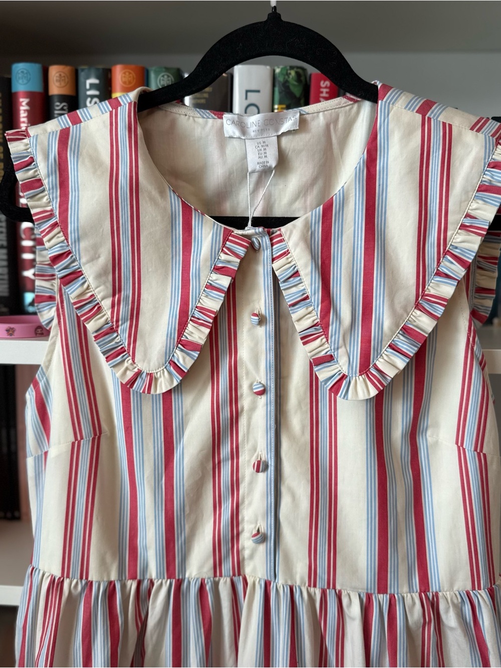 NWT Caroline Constas Striped Ruffle Collar Cotton Midi Dress M - Picture 2 of 5